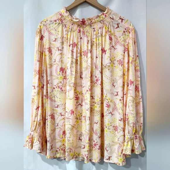 C Est. 1946 Womens Ruffle Top Size 26/28W Pink Floral Smocked Collar Cottage - Picture 1 of 8